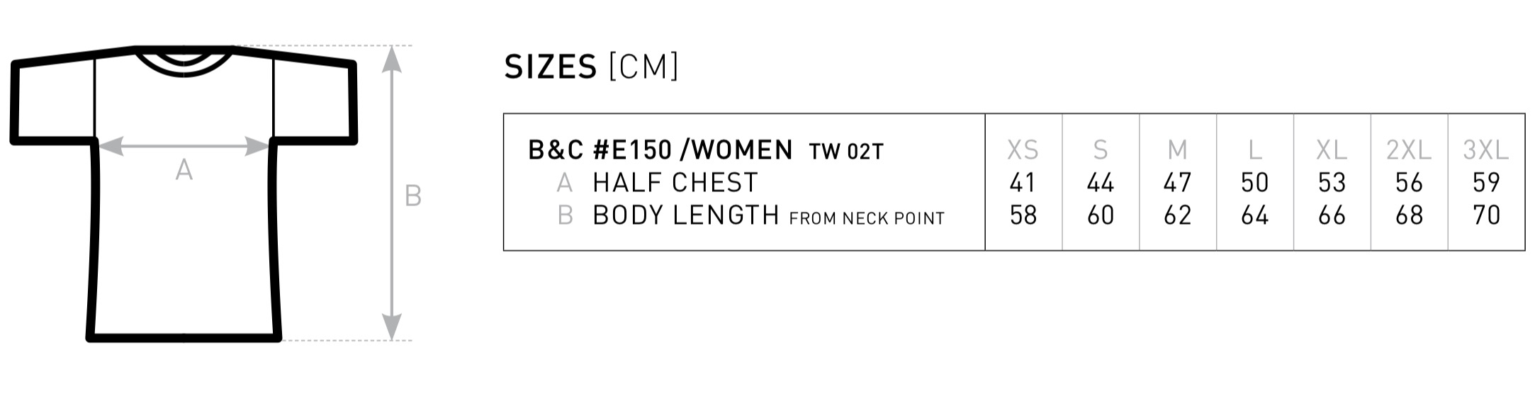 groessentabelle t shirt B C E150 women TW02T