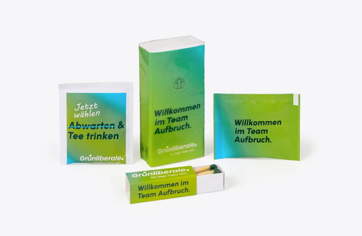 Gruenliberale Streuartikel Streichhoelzer Taschentuecher Dextro Mints Teebeutel Group