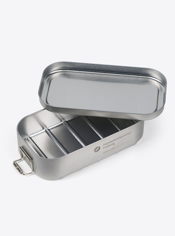 Lunchbox Silber Bedrucken Praegung Lasergravur Bestellen
