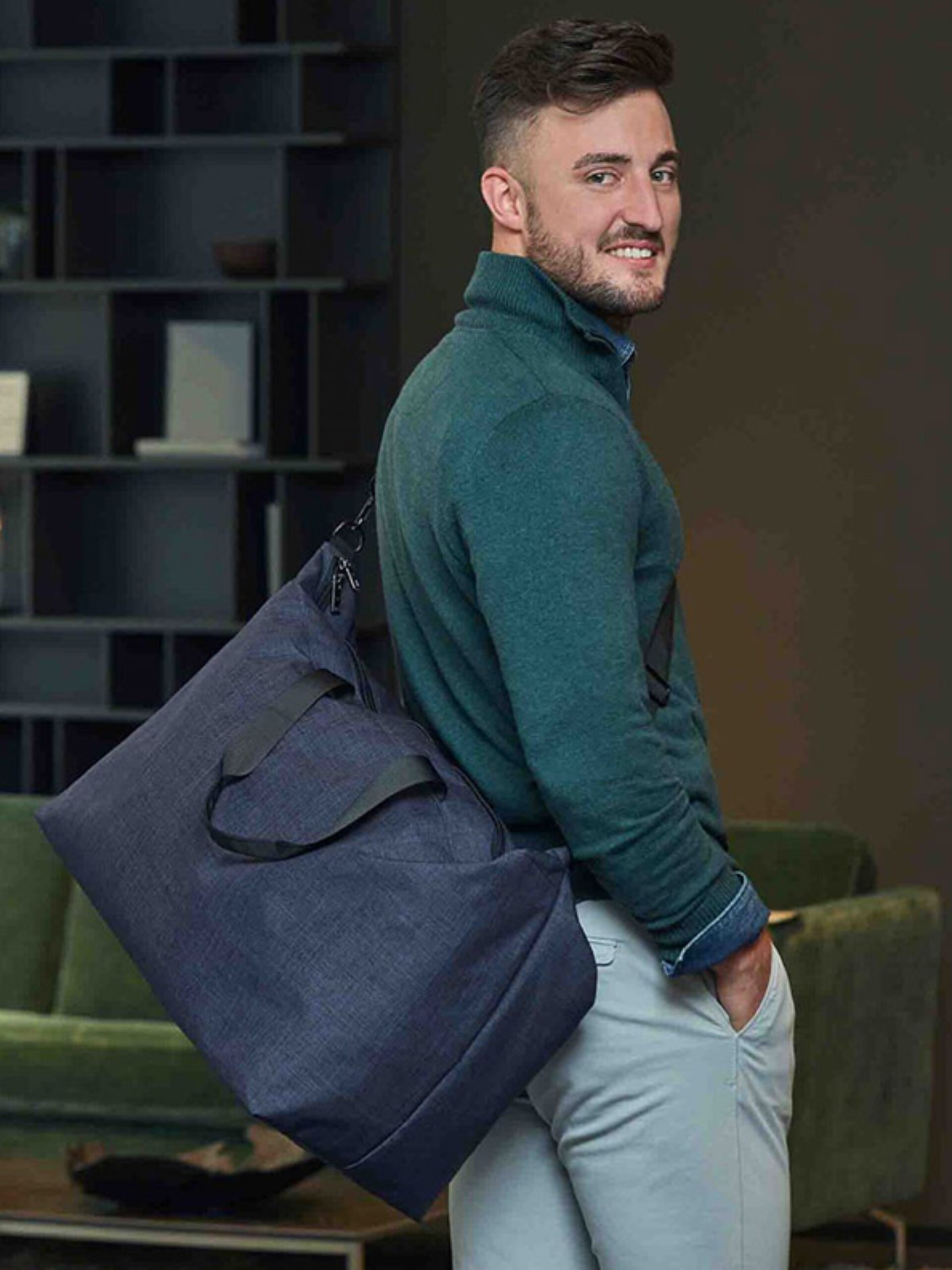 Reisetasche Eu Easy Mit Logo Bedrucken Recycled Polyester Leicht Werbegeschenk Blau Meliert