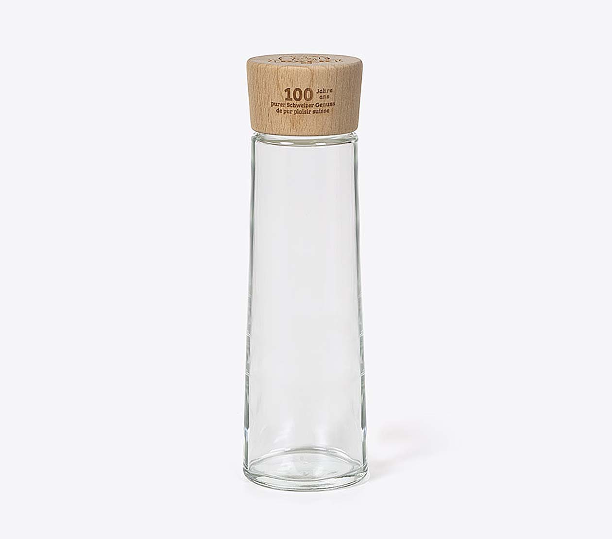 Trinkflasche Bulb Flow Baer 100 Jahre Swissmade Hartplastik Deckel Buchenholz Logo Graviert