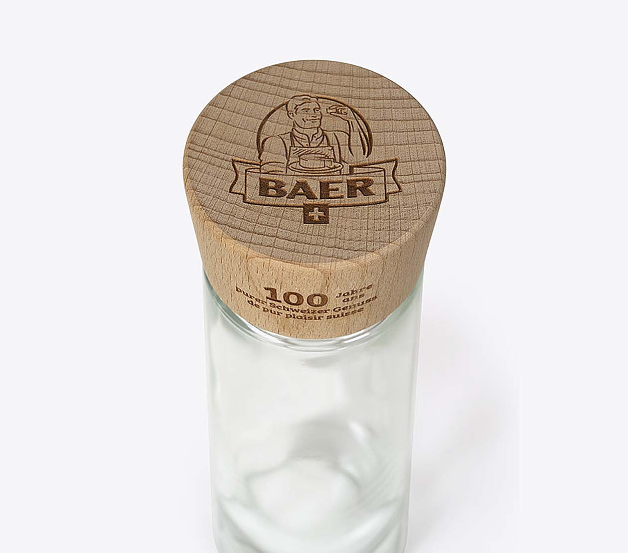 Trinkflasche Bulb Flow Baer 100 Jahre Swissmade Hartplastik Tritan Deckel Buchenholz Logo Graviert