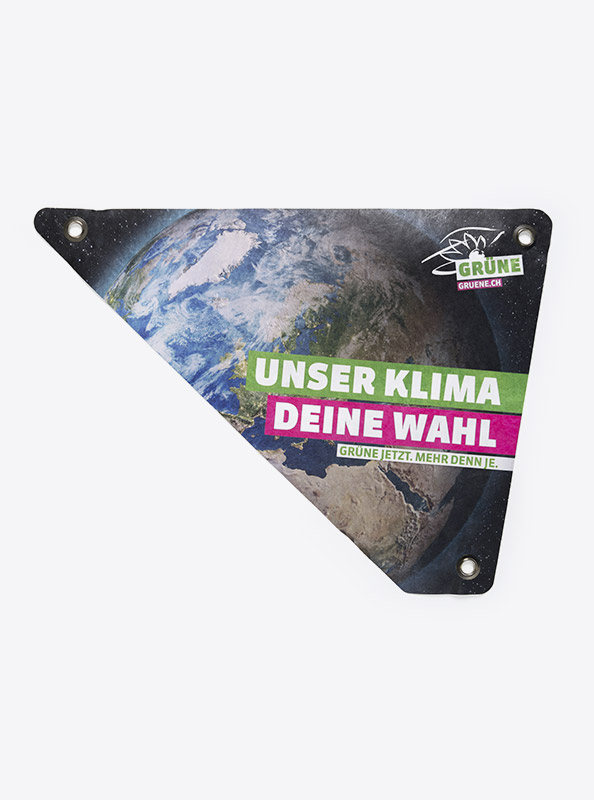 Velodreieck Swiss Made Gruene Partei Unser Klima Deine Wahl Mit Logo Bedrucken Tyvek Pvc Frei
